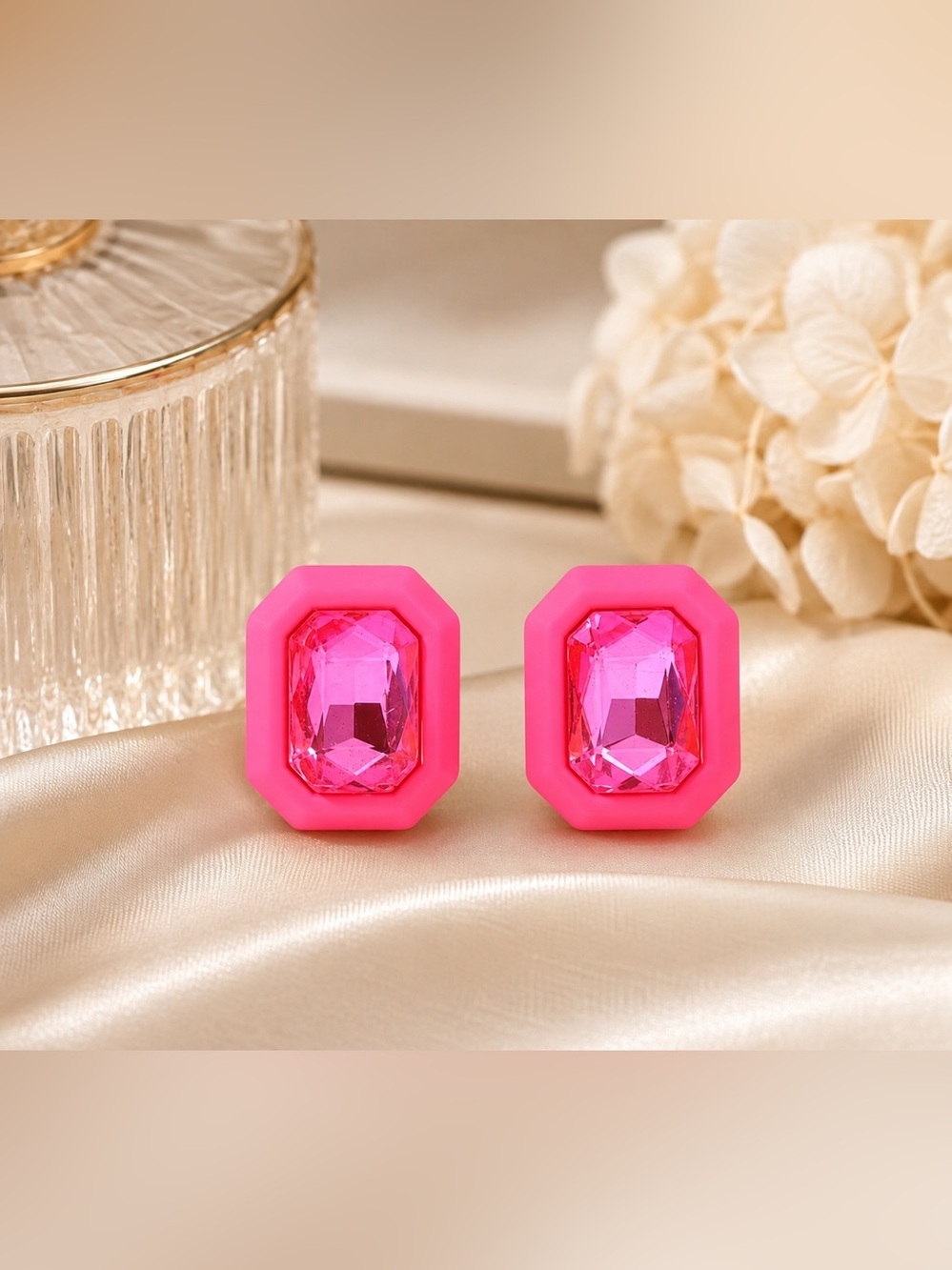 ✨ Pink Rose Red Rhinestone Statement Stud Earrings | Oversized Geometric | NWT